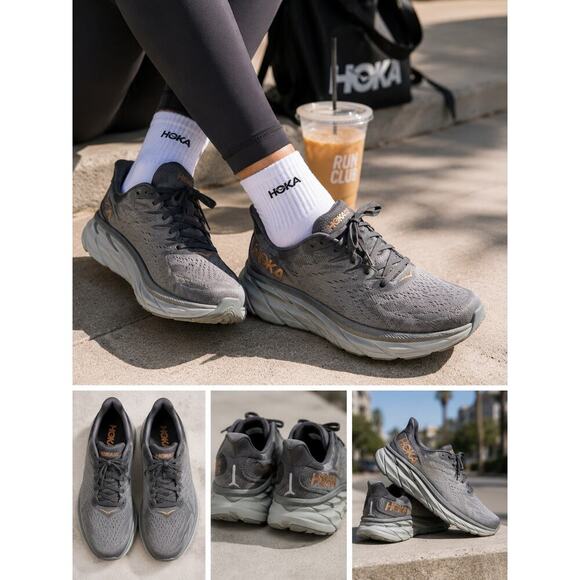 Hoka One One Shoes - HOKA Clifton 8 Running Shoes Women’s 9.5 Gray Copper Gold Athletic Sneakers